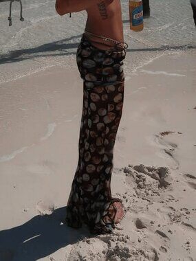 Black Casual Women's Mesh Sheer Flare Fold-Waist See-Through Festival Pants